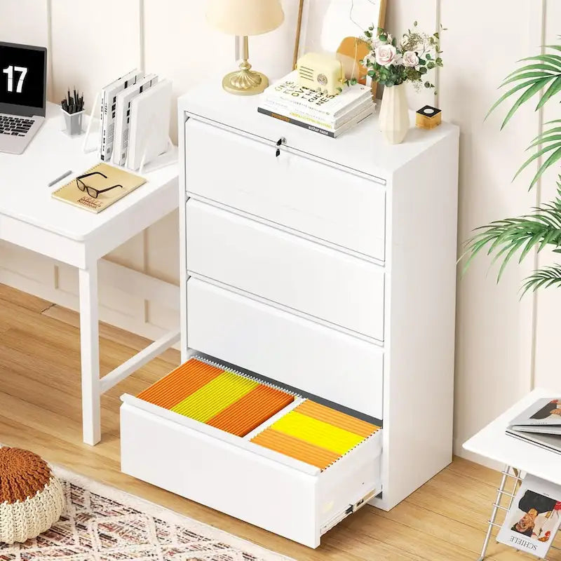 4-Drawer Metal Lateral File Cabinet with Lock & Ball-Bearing Slides, White / Black, Modern Style