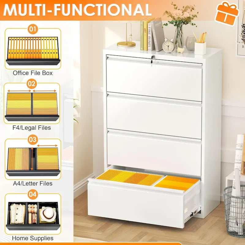 4-Drawer Metal Lateral File Cabinet with Lock & Ball-Bearing Slides, White / Black, Modern Style
