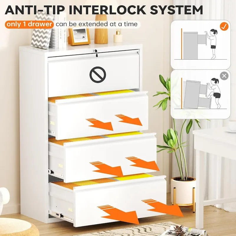 4-Drawer Metal Lateral File Cabinet with Lock & Ball-Bearing Slides, White / Black, Modern Style