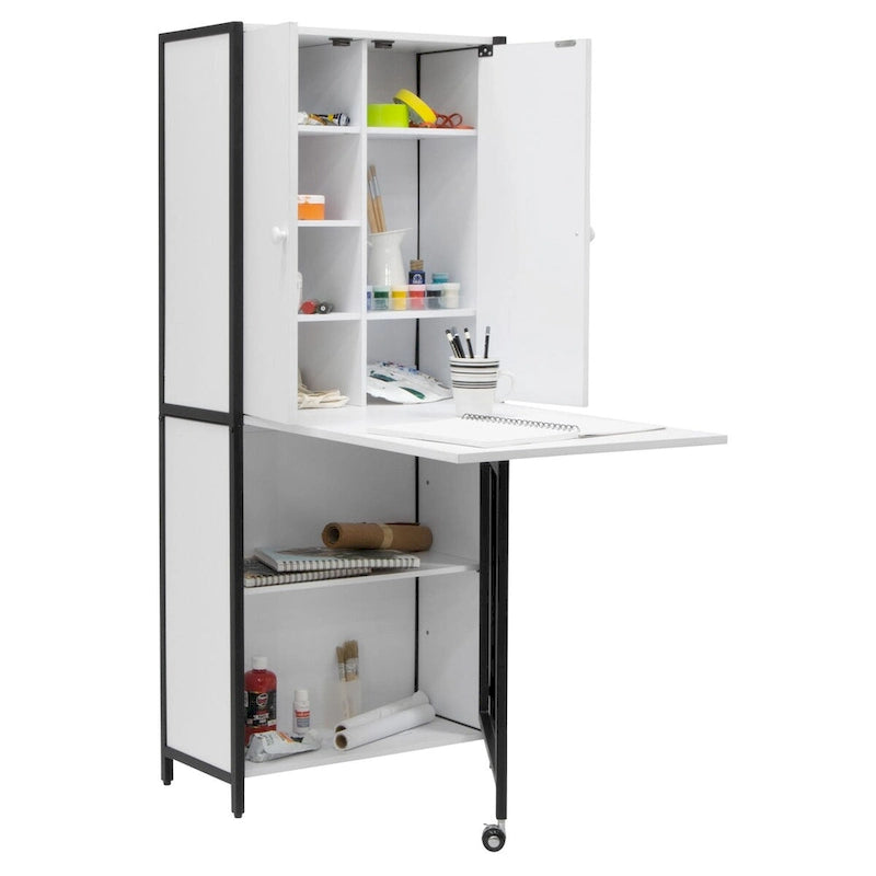 Craft Armoire with Fold-Out Desktop & Interior Shelves, White, Modern Style