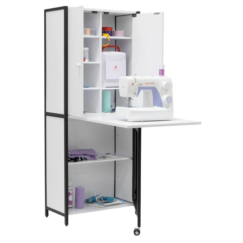 Craft Armoire with Fold-Out Desktop & Interior Shelves, White, Modern Style