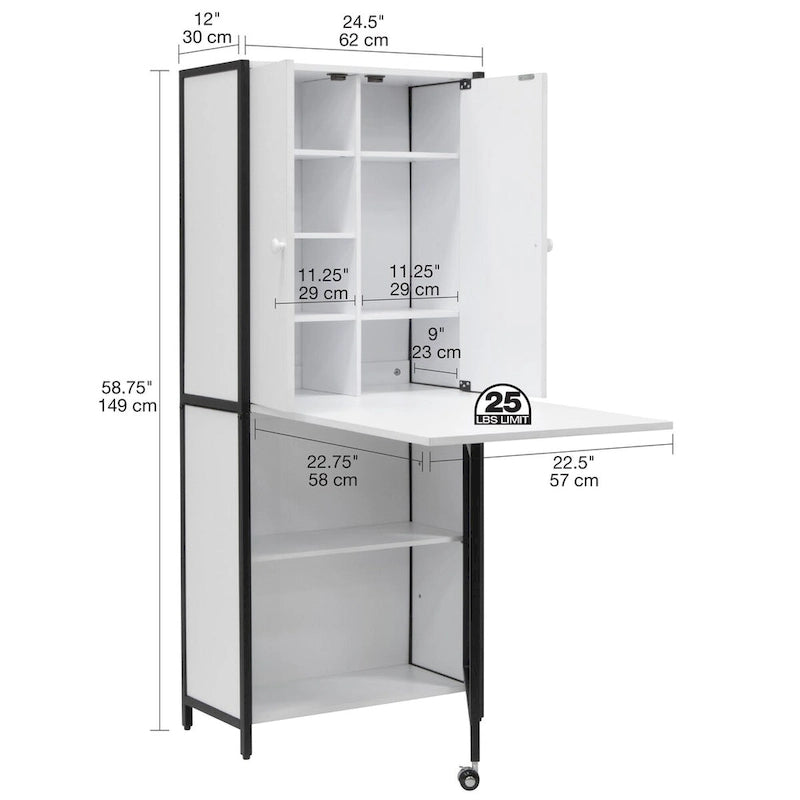 Craft Armoire with Fold-Out Desktop & Interior Shelves, White, Modern Style