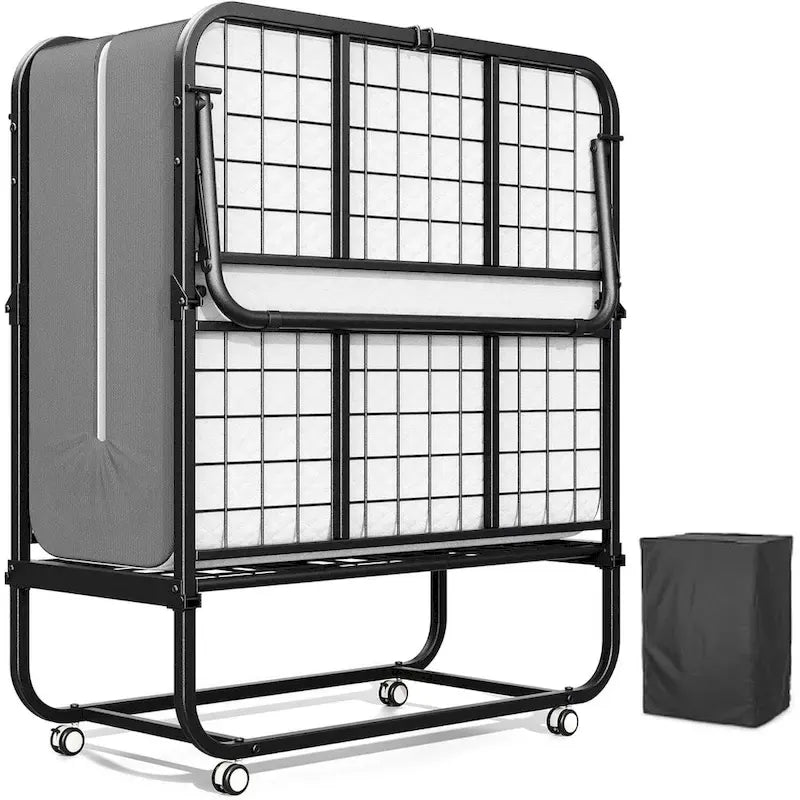 Folding Guest Bed with 5-Inch Foam Mattress & Lockable Casters, Silver / Grey, Modern Style – Twin
