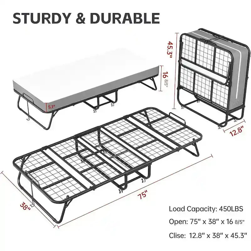 Folding Guest Bed with 5-Inch Foam Mattress & Lockable Casters, Silver / Grey, Modern Style – Twin