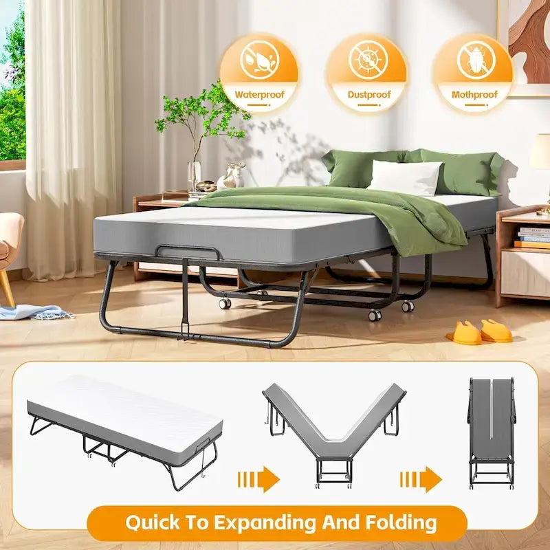 Folding Guest Bed with 5-Inch Foam Mattress & Lockable Casters, Silver / Grey, Modern Style – Twin