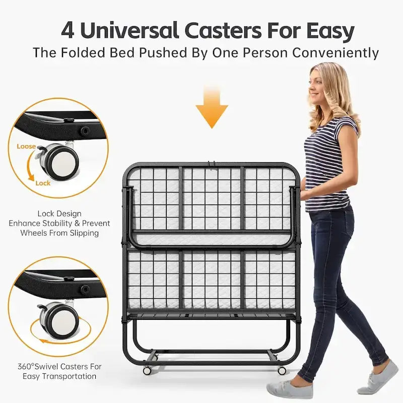Folding Guest Bed with 5-Inch Foam Mattress & Lockable Casters, Silver / Grey, Modern Style – Twin