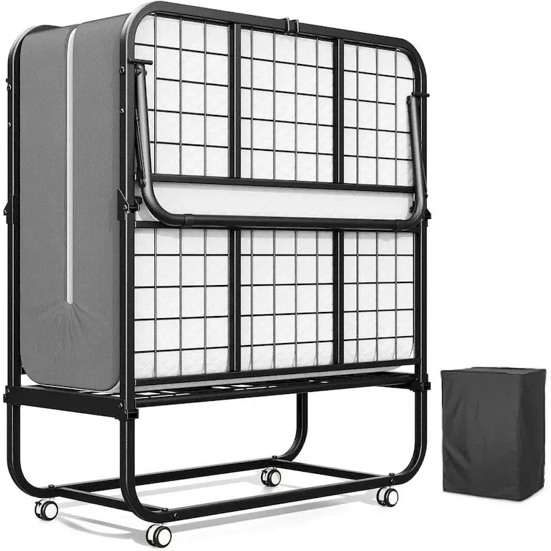 Folding Guest Bed with 5-Inch Foam Mattress & Lockable Casters, Silver / Grey, Modern Style – Twin