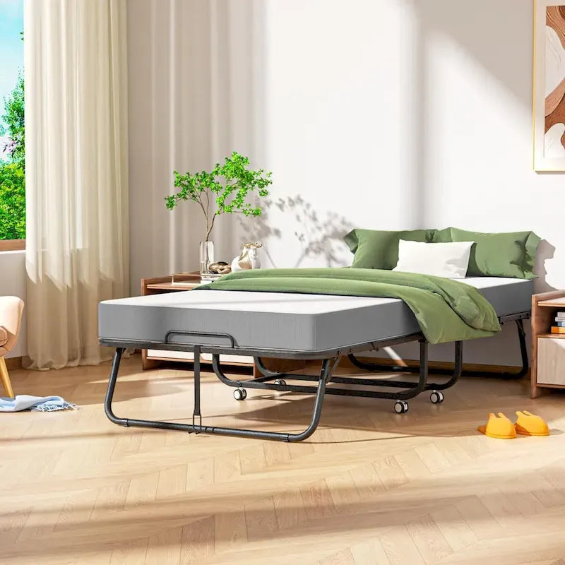 Folding Guest Bed with 5-Inch Foam Mattress & Lockable Casters, Silver / Grey, Modern Style – Twin
