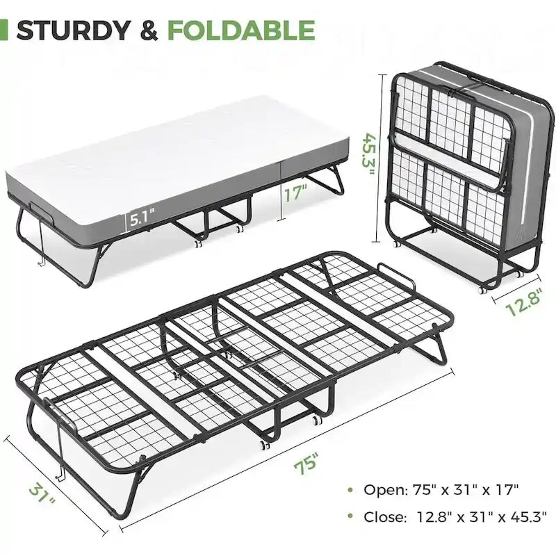 Folding Guest Bed with 5-Inch Foam Mattress & Lockable Casters, Silver / Grey, Modern Style – Twin