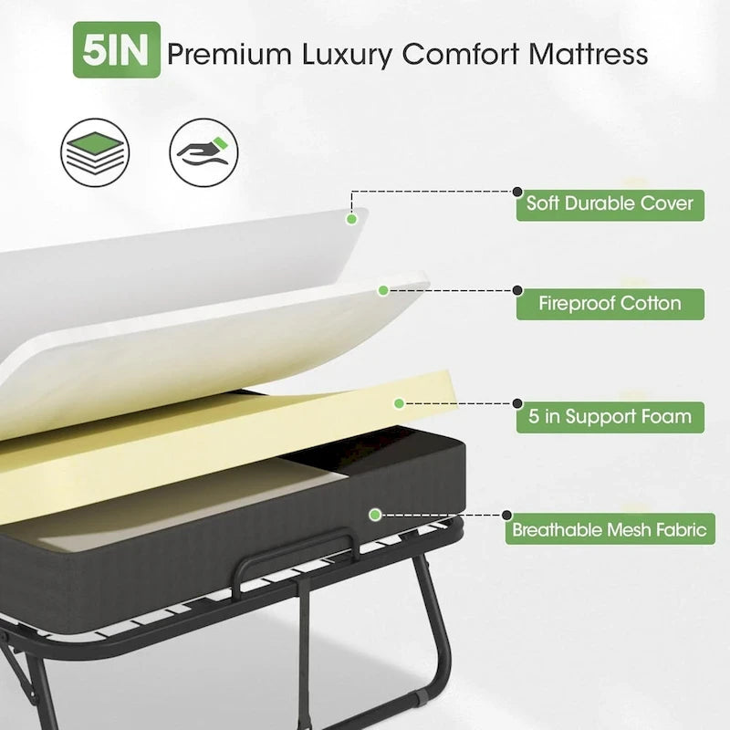 Folding Guest Bed with 5-Inch Foam Mattress & Lockable Casters, Silver / Grey, Modern Style – Twin