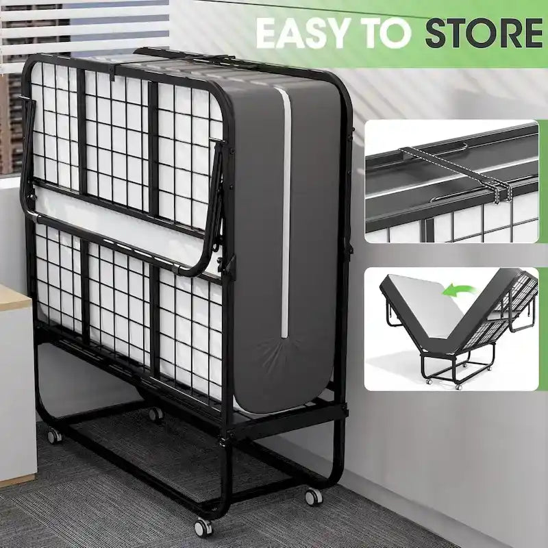 Folding Guest Bed with 5-Inch Foam Mattress & Lockable Casters, Silver / Grey, Modern Style – Twin