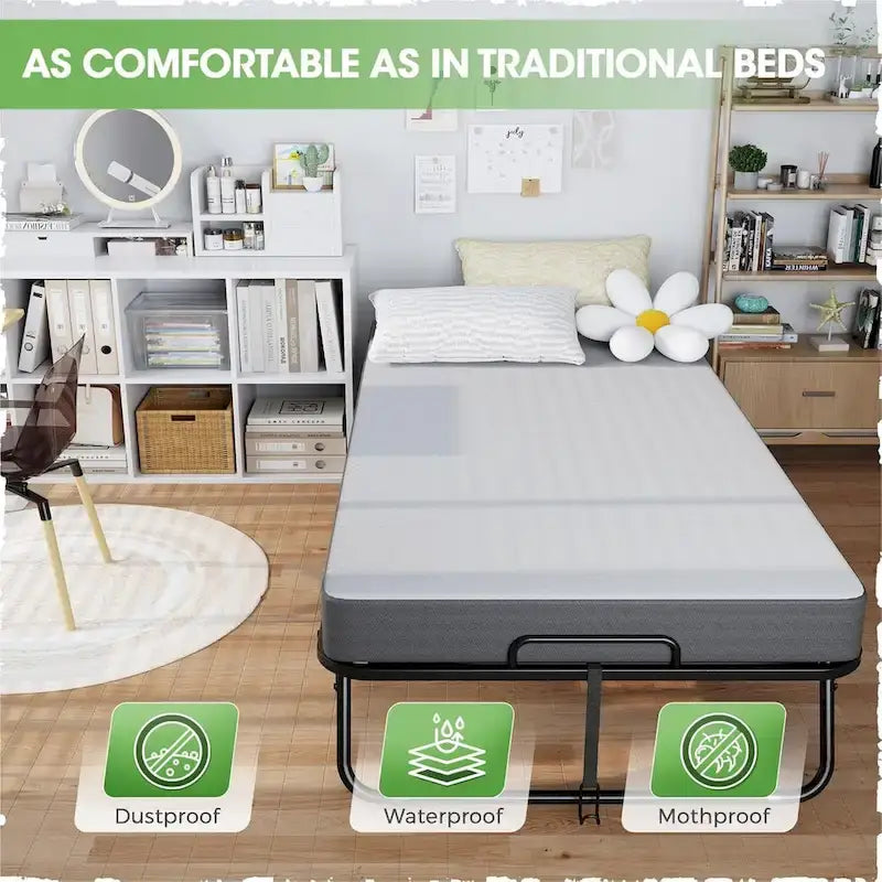 Folding Guest Bed with 5-Inch Foam Mattress & Lockable Casters, Silver / Grey, Modern Style – Twin