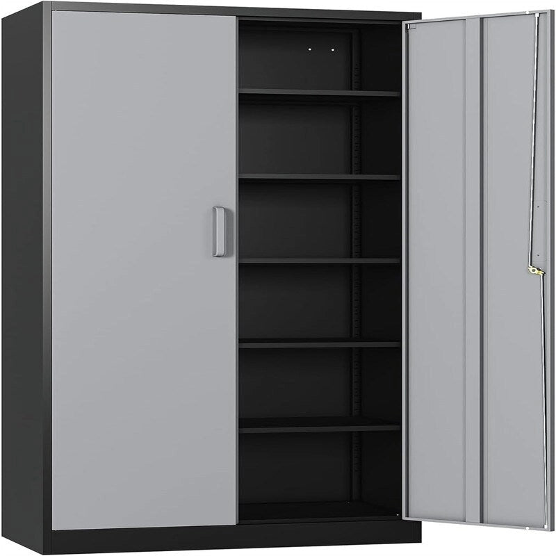 2-Door Metal Storage Cabinet with 5 Adjustable Shelves & Lock, Black / White / Black Gray / Gray White, Industrial Style