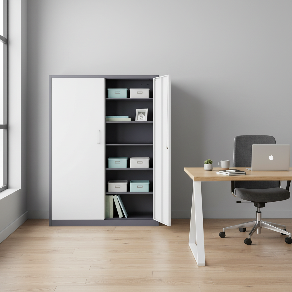 2-Door Metal Storage Cabinet with 5 Adjustable Shelves & Lock, Black / White / Black Gray / Gray White, Industrial Style