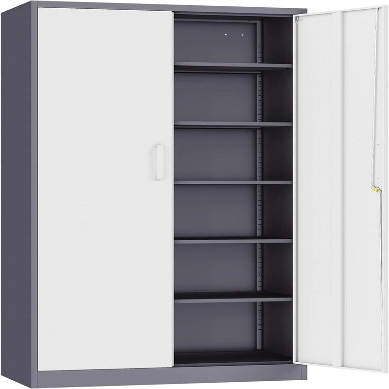 2-Door Metal Storage Cabinet with 5 Adjustable Shelves & Lock, Black / White / Black Gray / Gray White, Industrial Style