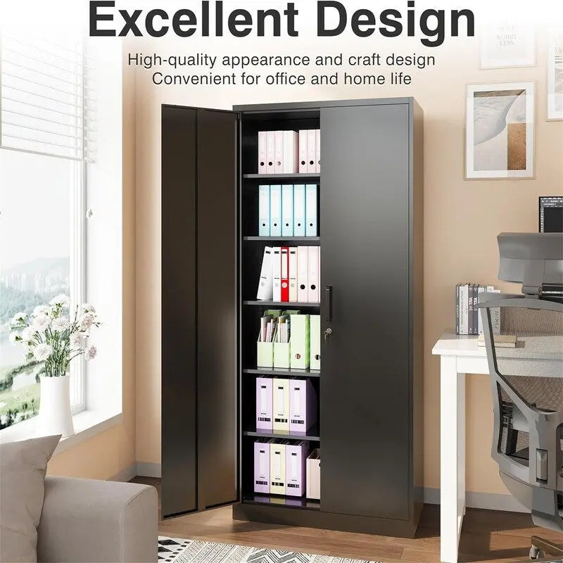 2-Door Metal Storage Cabinet with 5 Adjustable Shelves & Lock, Black / White / Black Gray / Gray White, Industrial Style