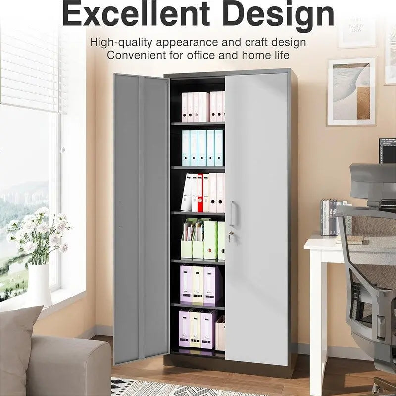 2-Door Metal Storage Cabinet with 5 Adjustable Shelves & Lock, Black / White / Black Gray / Gray White, Industrial Style
