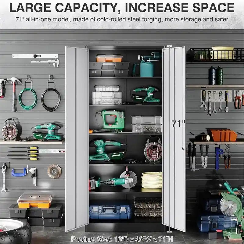 2-Door Metal Storage Cabinet with 5 Adjustable Shelves & Lock, Black / White / Black Gray / Gray White, Industrial Style