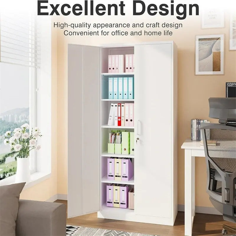 2-Door Metal Storage Cabinet with 5 Adjustable Shelves & Lock, Black / White / Black Gray / Gray White, Industrial Style