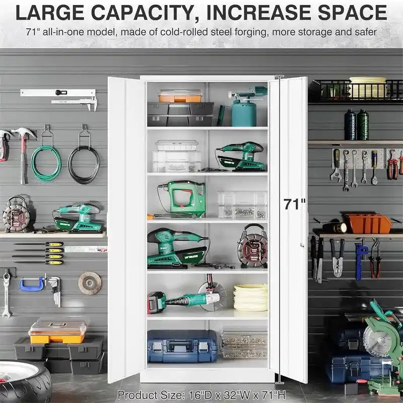 2-Door Metal Storage Cabinet with 5 Adjustable Shelves & Lock, Black / White / Black Gray / Gray White, Industrial Style