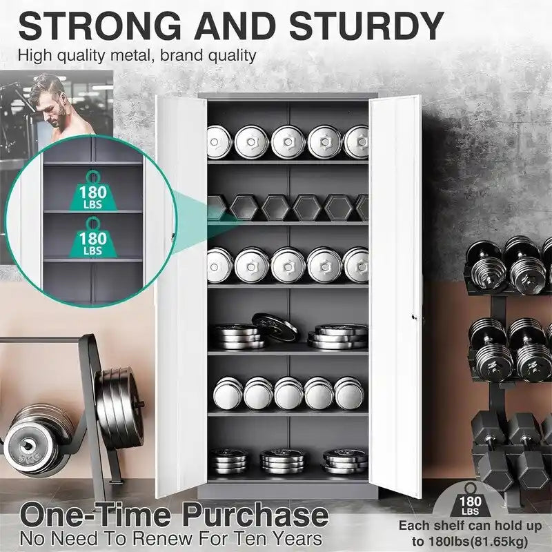 2-Door Metal Storage Cabinet with 5 Adjustable Shelves & Lock, Black / White / Black Gray / Gray White, Industrial Style