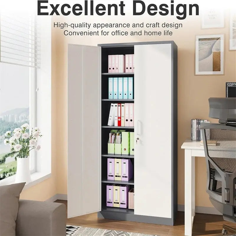 2-Door Metal Storage Cabinet with 5 Adjustable Shelves & Lock, Black / White / Black Gray / Gray White, Industrial Style