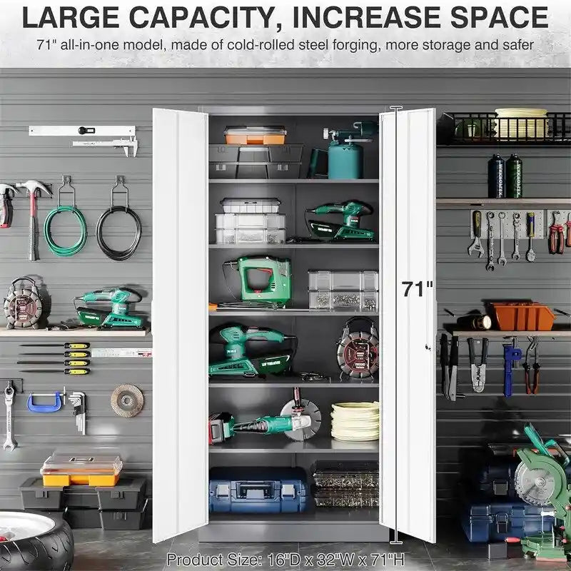 2-Door Metal Storage Cabinet with 5 Adjustable Shelves & Lock, Black / White / Black Gray / Gray White, Industrial Style