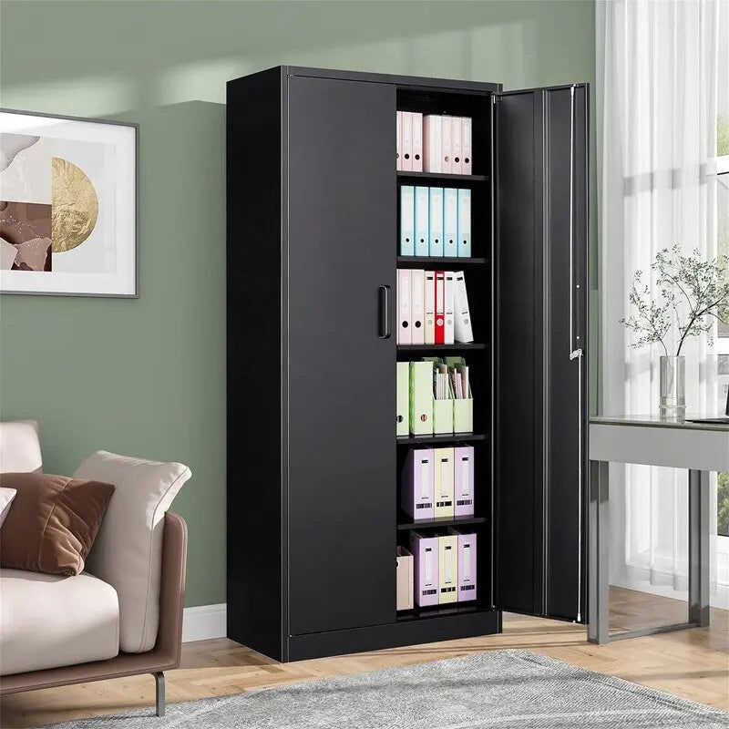 2-Door Metal Storage Cabinet with 5 Adjustable Shelves & Lock, Black / White / Black Gray / Gray White, Industrial Style