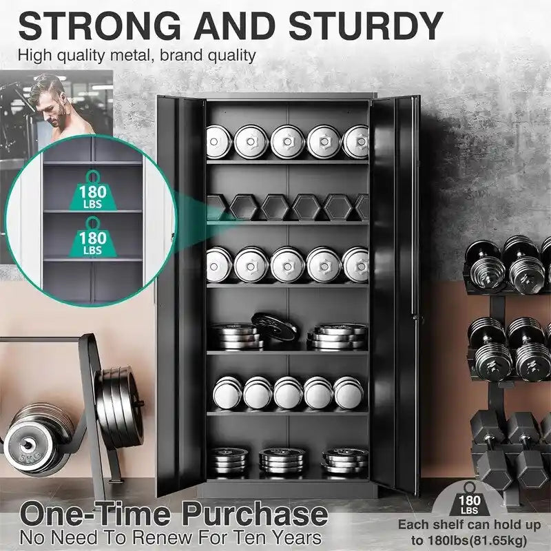2-Door Metal Storage Cabinet with 5 Adjustable Shelves & Lock, Black / White / Black Gray / Gray White, Industrial Style