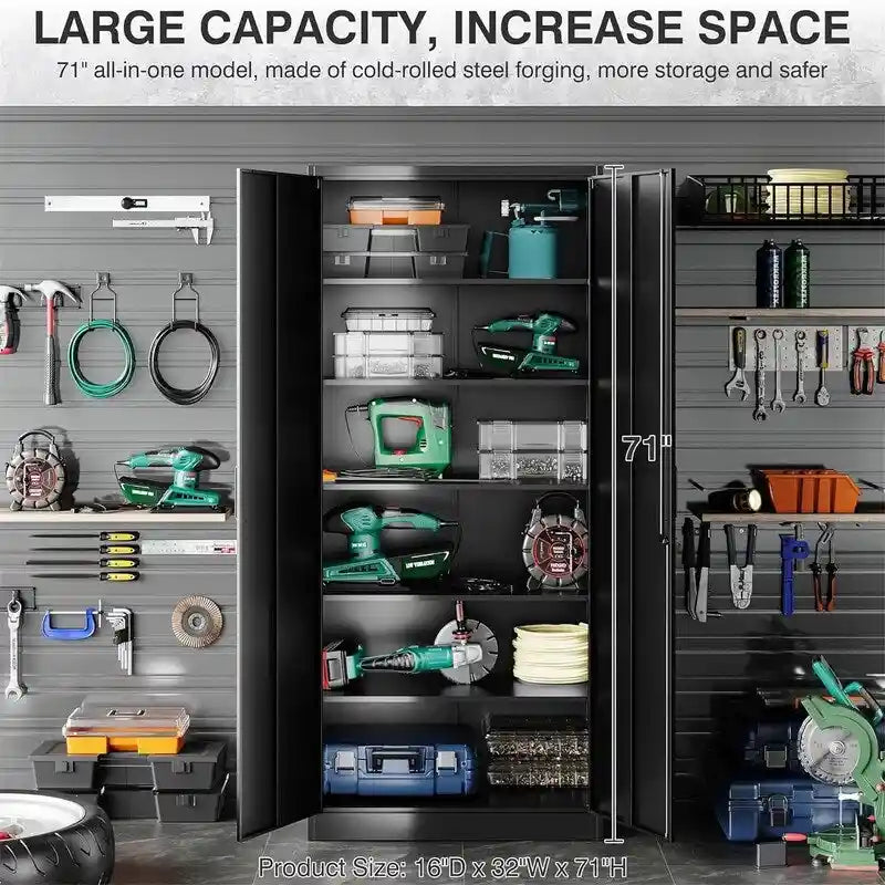 2-Door Metal Storage Cabinet with 5 Adjustable Shelves & Lock, Black / White / Black Gray / Gray White, Industrial Style