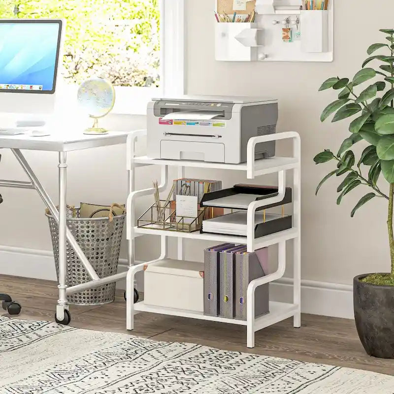 3-Tier Metal Printer Stand & Storage Shelf, Black / White / Brown, Industrial Style