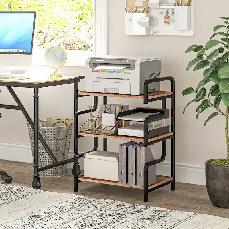 3-Tier Metal Printer Stand & Storage Shelf, Black / White / Brown, Industrial Style