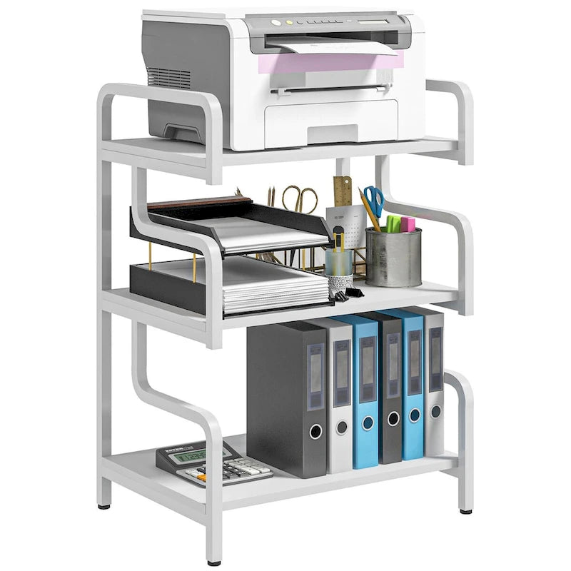 3-Tier Metal Printer Stand & Storage Shelf, Black / White / Brown, Industrial Style