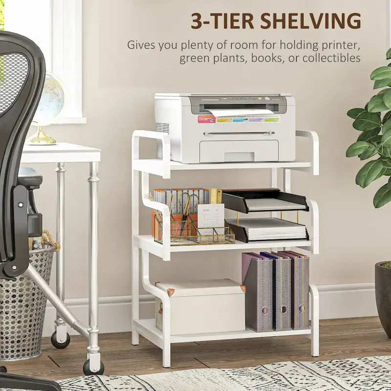 3-Tier Metal Printer Stand & Storage Shelf, Black / White / Brown, Industrial Style