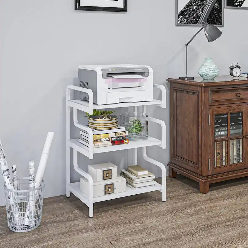 3-Tier Metal Printer Stand & Storage Shelf, Black / White / Brown, Industrial Style