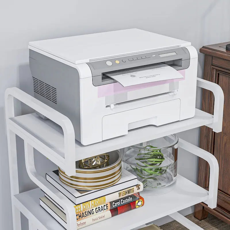 3-Tier Metal Printer Stand & Storage Shelf, Black / White / Brown, Industrial Style