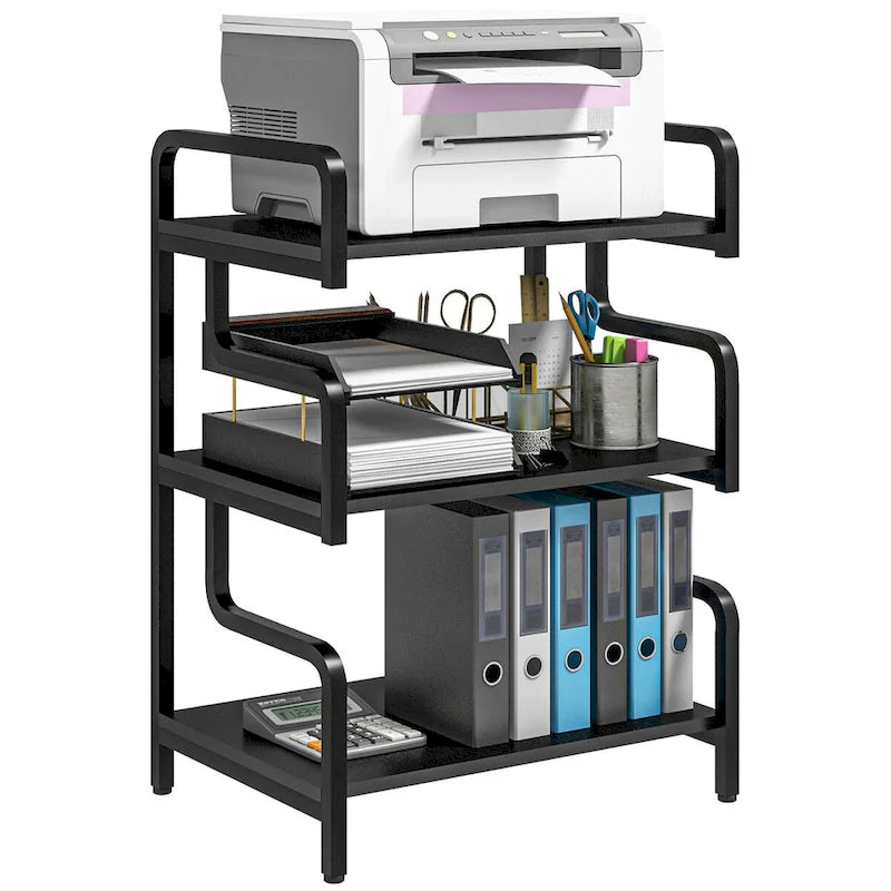 3-Tier Metal Printer Stand & Storage Shelf, Black / White / Brown, Industrial Style