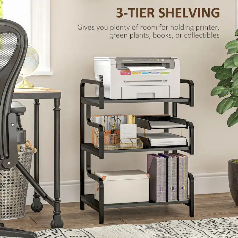 3-Tier Metal Printer Stand & Storage Shelf, Black / White / Brown, Industrial Style