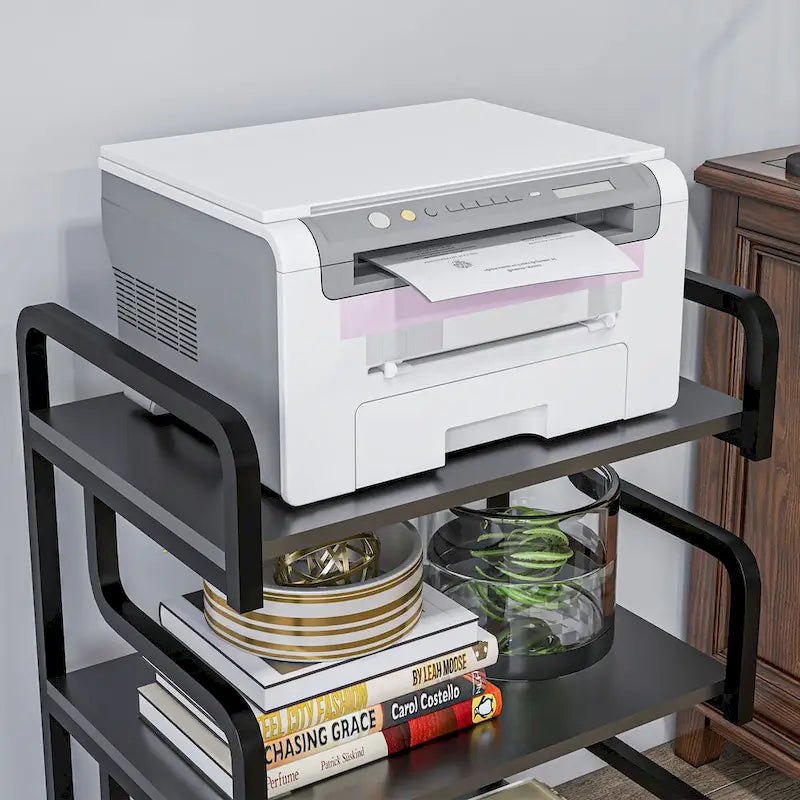 3-Tier Metal Printer Stand & Storage Shelf, Black / White / Brown, Industrial Style