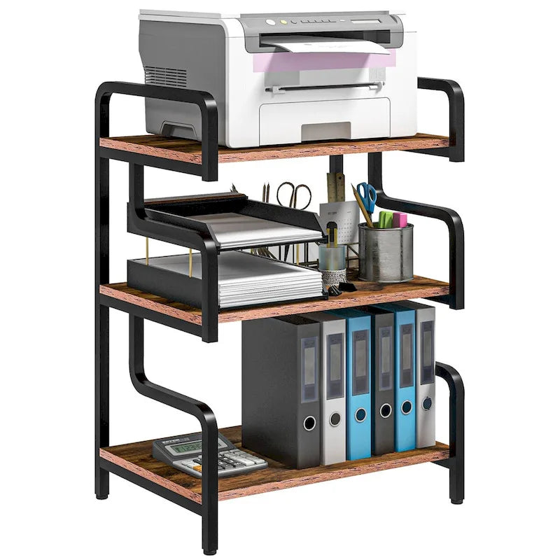 3-Tier Metal Printer Stand & Storage Shelf, Black / White / Brown, Industrial Style