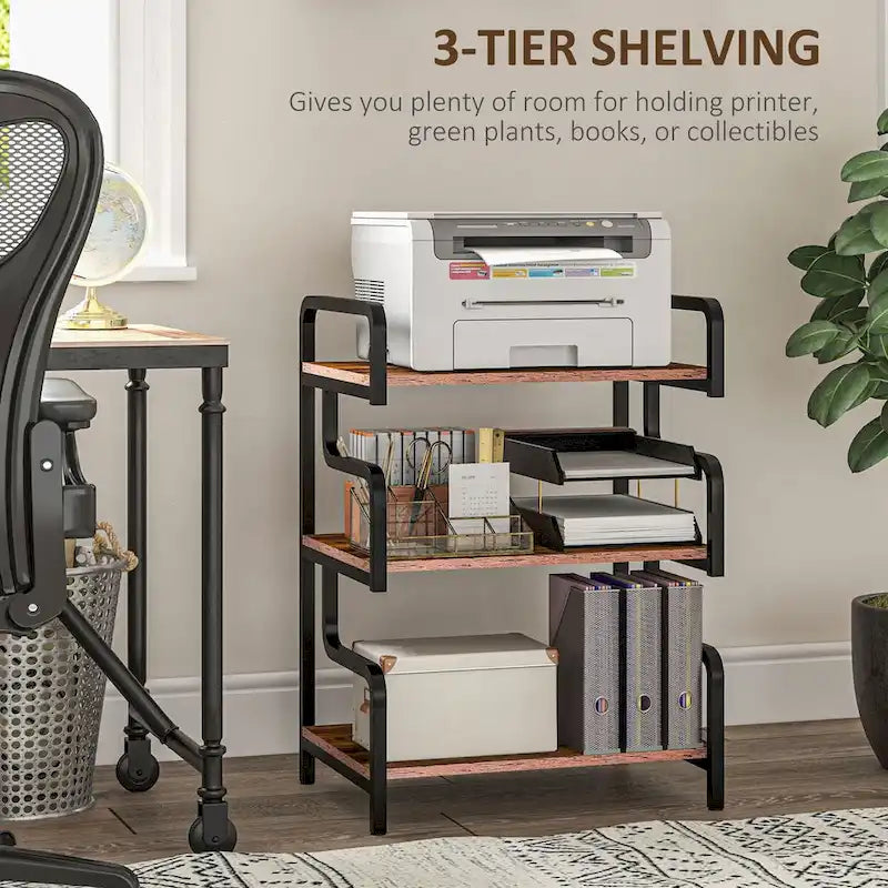 3-Tier Metal Printer Stand & Storage Shelf, Black / White / Brown, Industrial Style