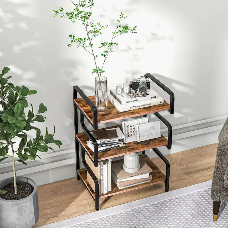 3-Tier Metal Printer Stand & Storage Shelf, Black / White / Brown, Industrial Style