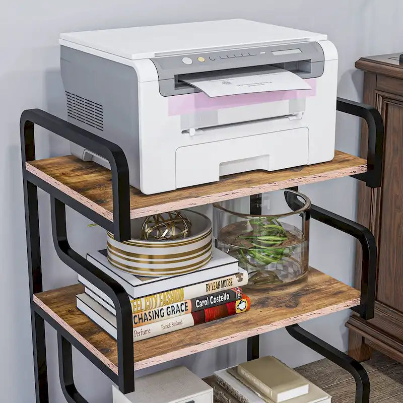 3-Tier Metal Printer Stand & Storage Shelf, Black / White / Brown, Industrial Style