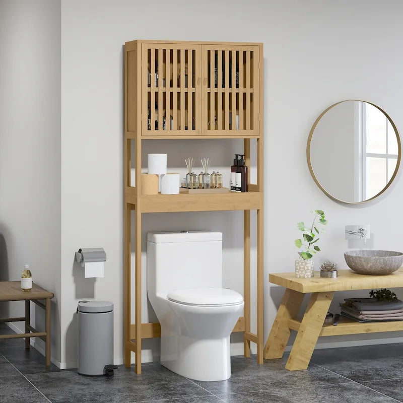 Over-Toilet Storage Cabinet with Slatted Doors & Adjustable Shelf, Natural Bamboo, Modern Style