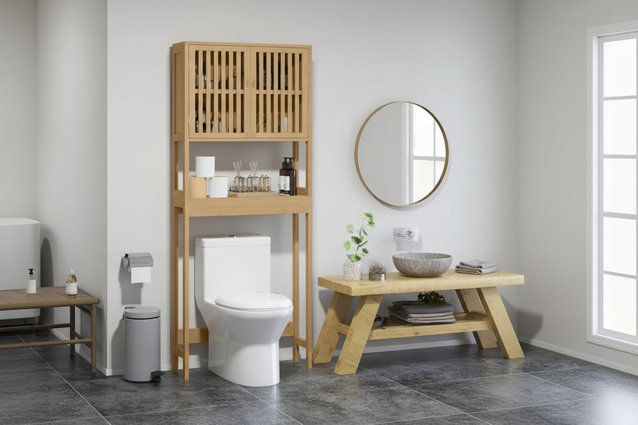 Over-Toilet Storage Cabinet with Slatted Doors & Adjustable Shelf, Natural Bamboo, Modern Style