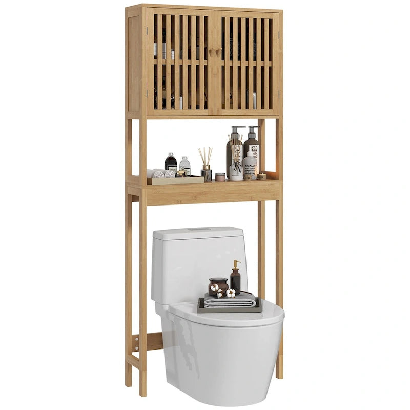 Over-Toilet Storage Cabinet with Slatted Doors & Adjustable Shelf, Natural Bamboo, Modern Style