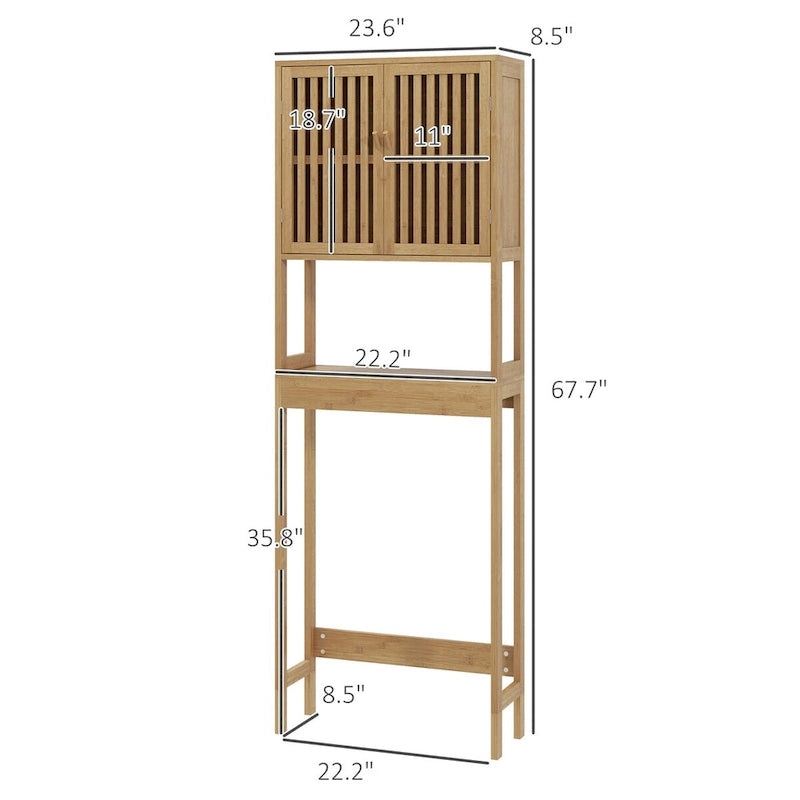 Over-Toilet Storage Cabinet with Slatted Doors & Adjustable Shelf, Natural Bamboo, Modern Style