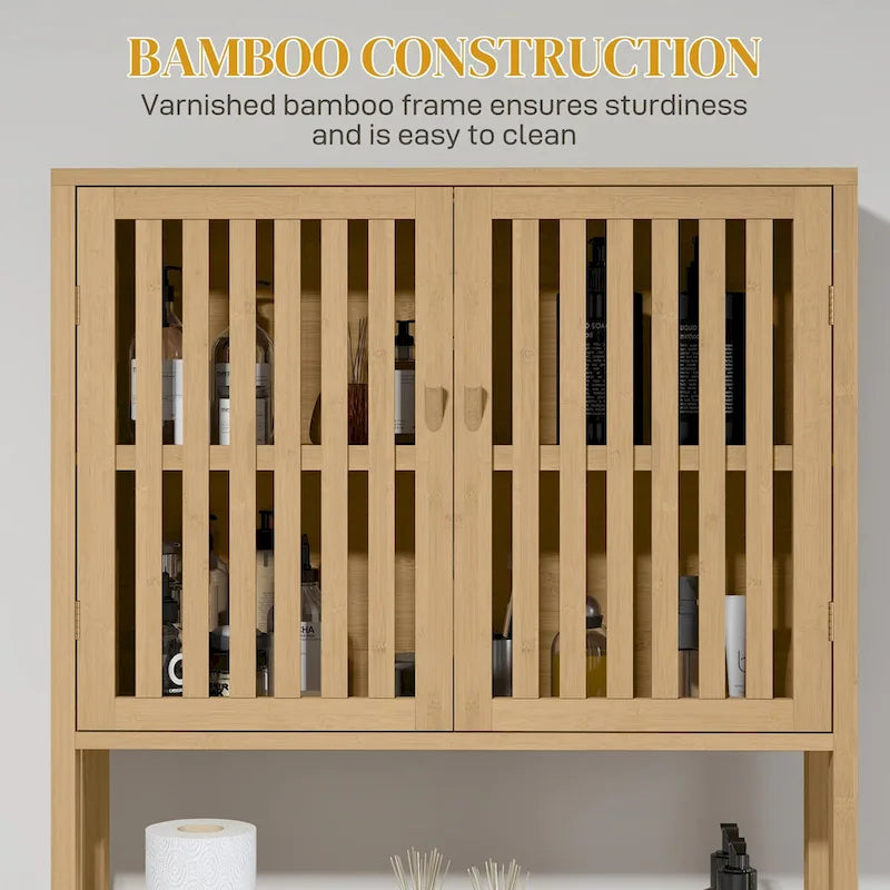 Over-Toilet Storage Cabinet with Slatted Doors & Adjustable Shelf, Natural Bamboo, Modern Style