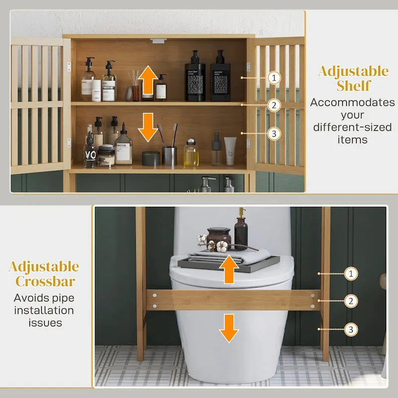 Over-Toilet Storage Cabinet with Slatted Doors & Adjustable Shelf, Natural Bamboo, Modern Style
