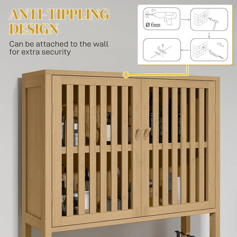 Over-Toilet Storage Cabinet with Slatted Doors & Adjustable Shelf, Natural Bamboo, Modern Style